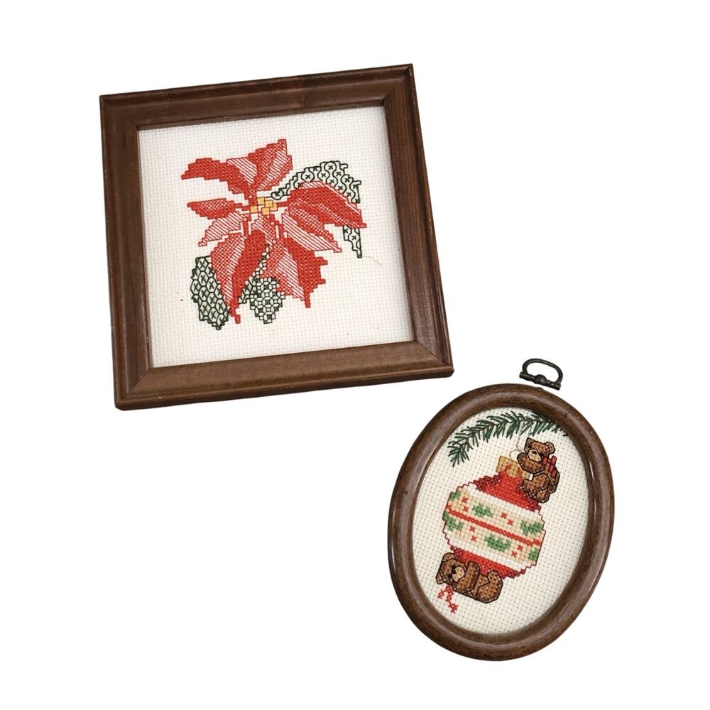 Vintage Cross Stitch Christmas Ornaments Teddy Bears Wood Frame Art Decor